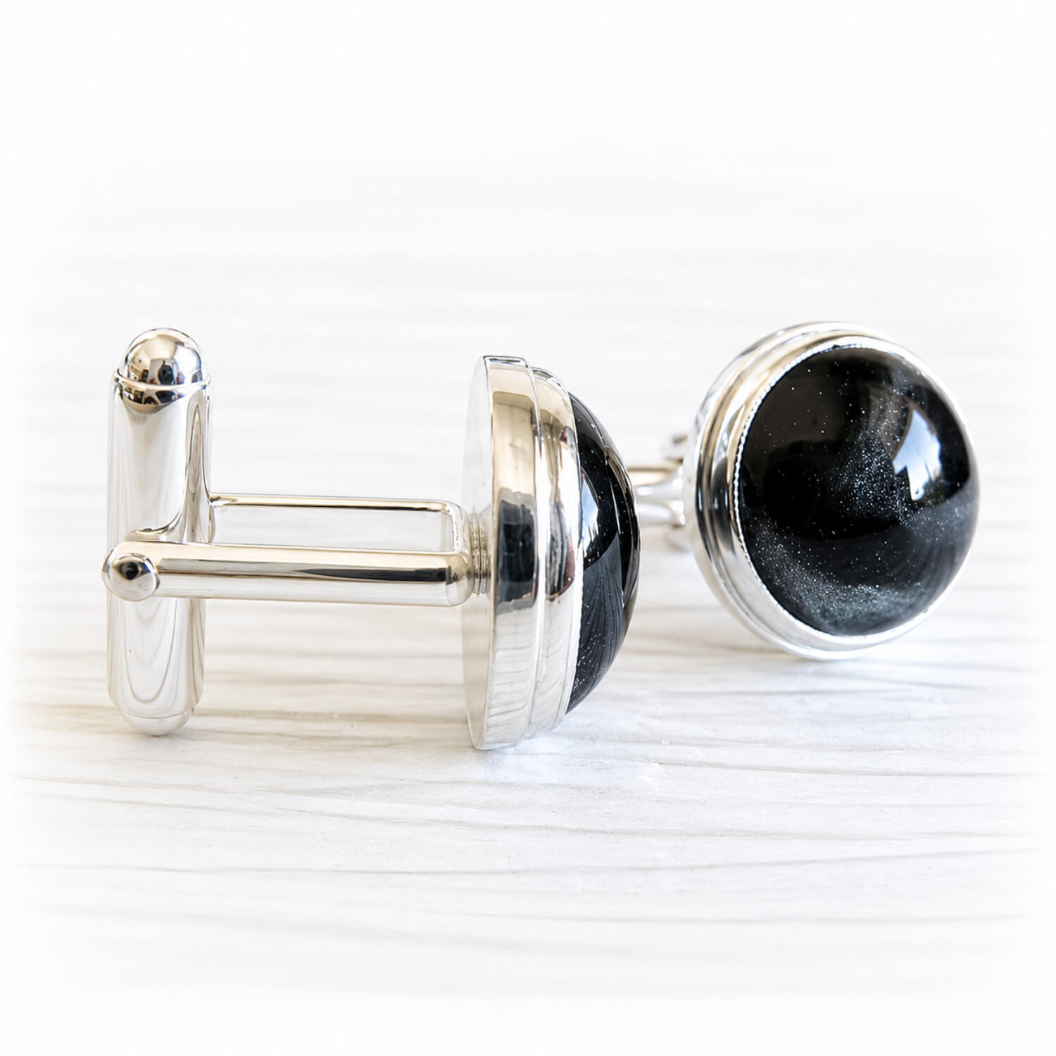 Sterling silver memorial cufflinks with cremation ashes in glass domes 