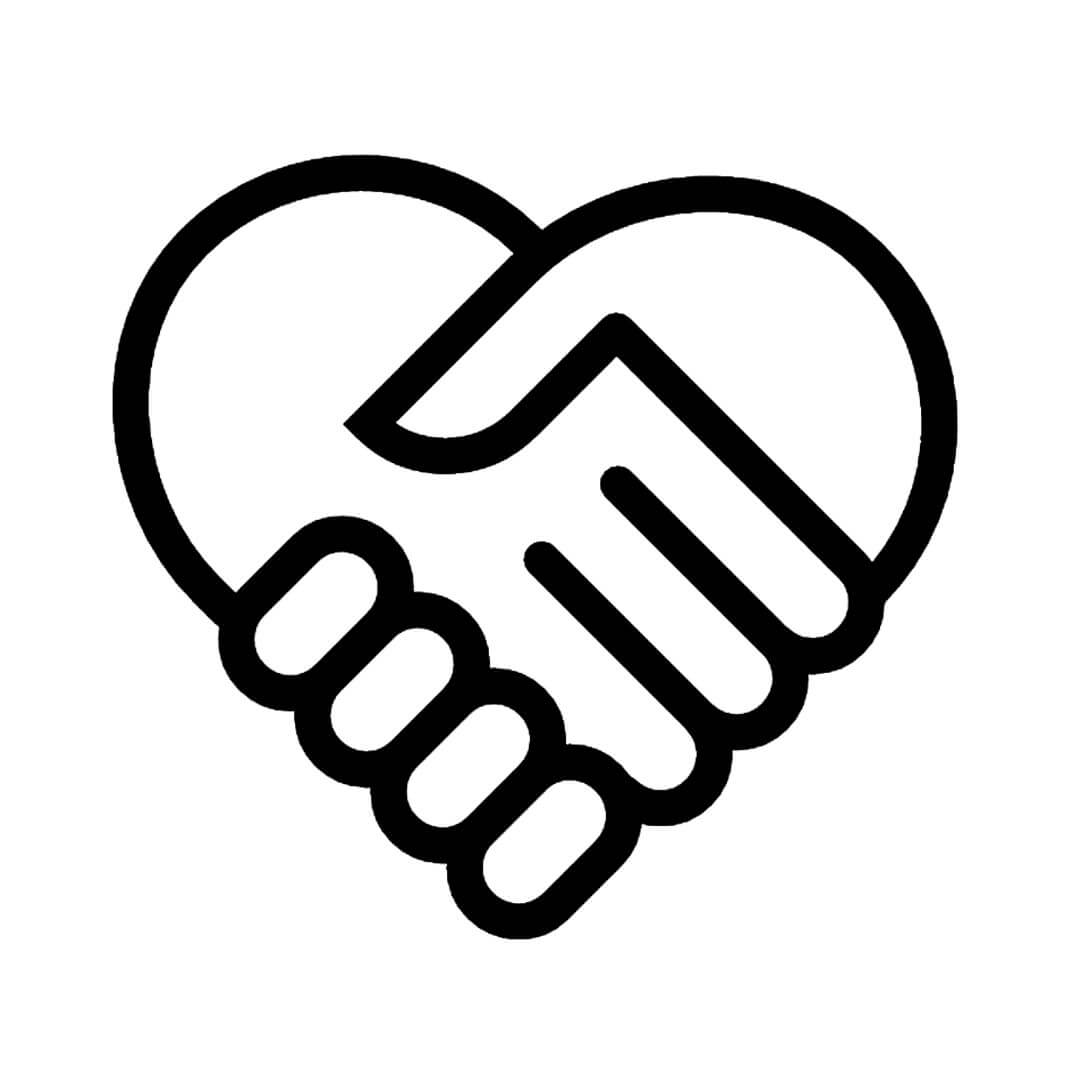 Black icon of two interlocking hands on a white background