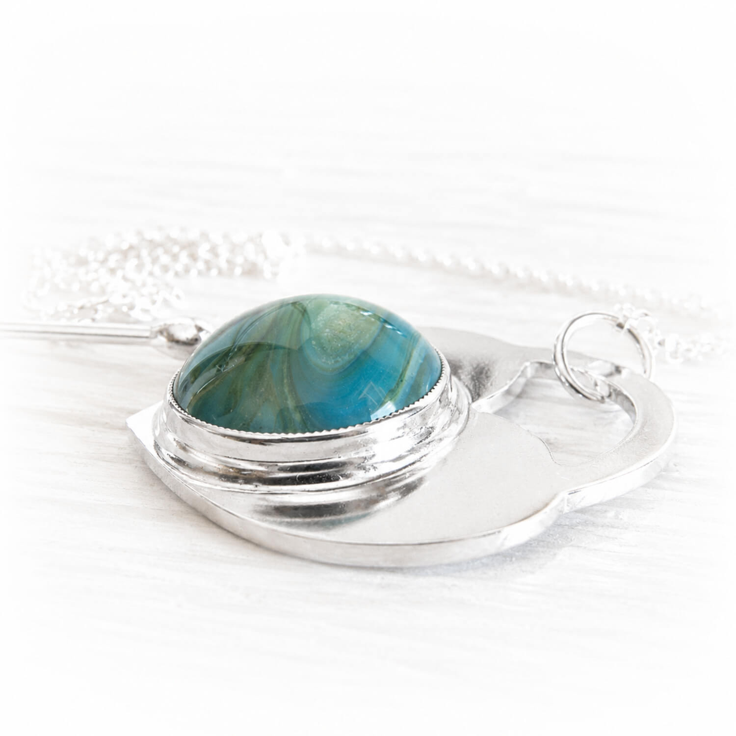 Sterling silver remembrance lariat necklace with a hand blown glass cabochon infused with cremation ashes