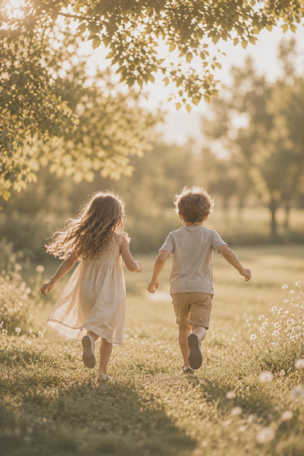 Brother and sister running hand in hand through a sunlit field with trees.