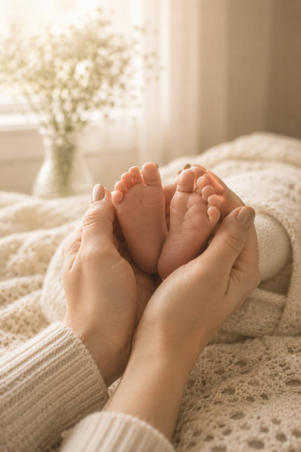 Close-up of a person holding a child's feet with a soft, blurred background