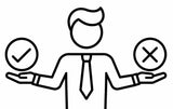 Black and white line art icon of a man in a suit holding a check mark on the left and an X on the right, representing a decision or choice.