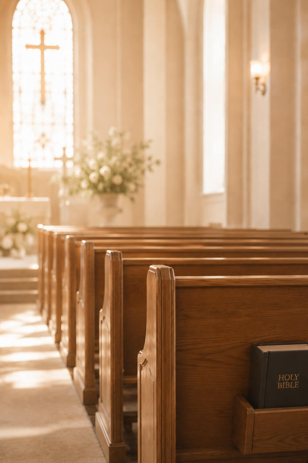Wooden pews in a church with a cross and floral arrangement in the background