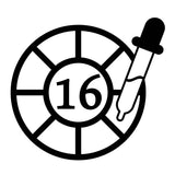 A black line-art icon showing a circular palette or color wheel with the number 16 in the center and an eye dropper to the right side, on a white background.