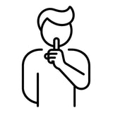 A minimalist black line icon of a person holding a finger to their mouth, centered on a plain white background.