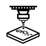 Black line icon of an end mill engraving decorative swirls onto a square plate, shown on a plain white background.
