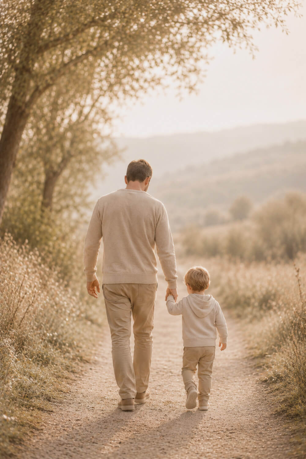 Man and child walking together on a path in a natural setting