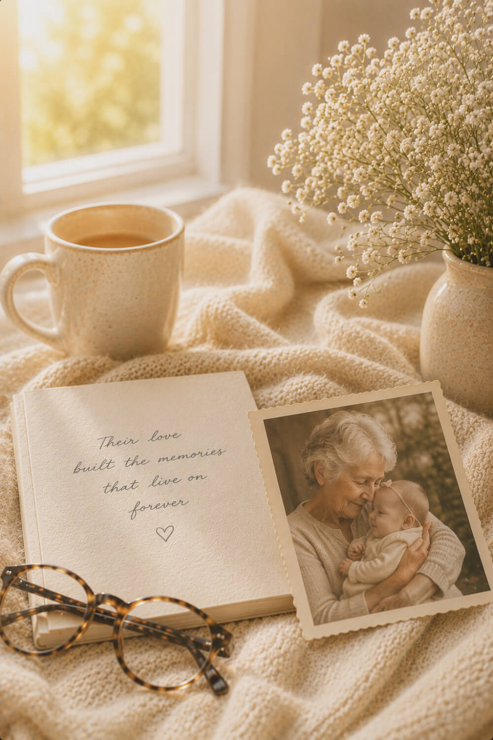 Cup of coffee, open book with text, photo of grandma and grandchild, and vase with flowers on a soft surface.