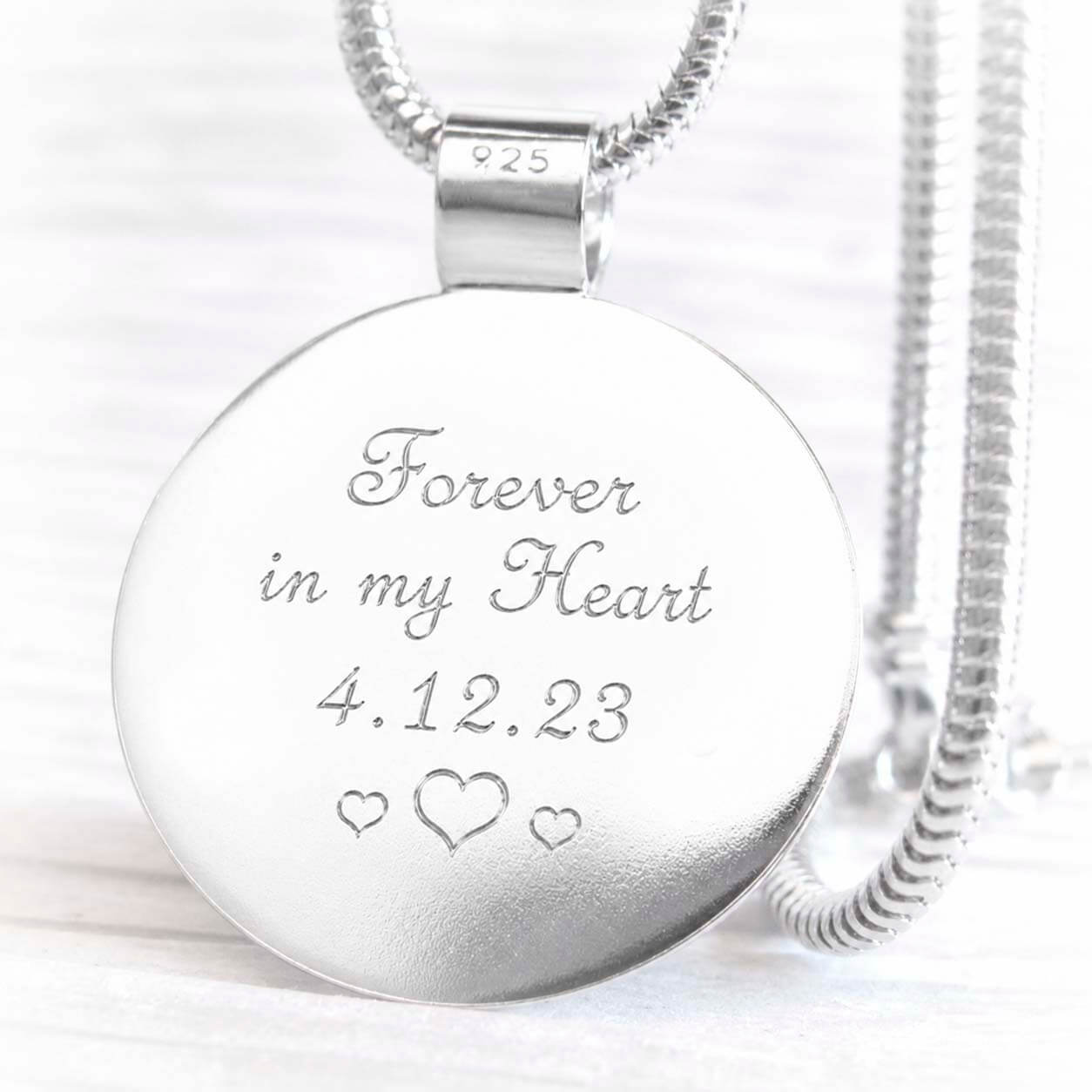 Custom engraved handcrafted sterling silver memorial keepsake pendant on a silver snake chain