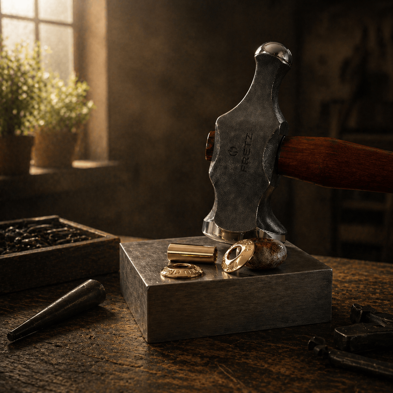 Jewelers bench block and hammer on a wooden surface with a warm, dimly lit background.