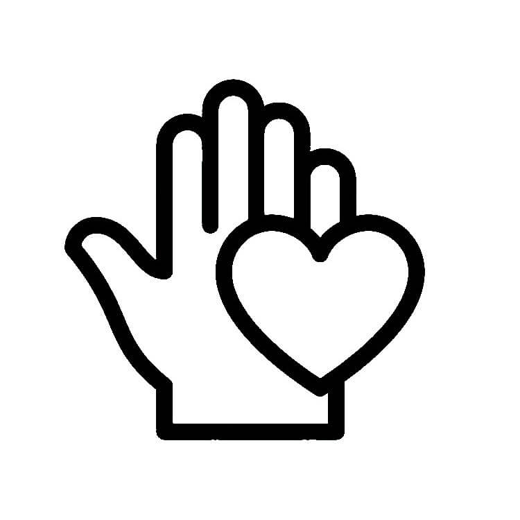 Black outline of a hand with a heart in the palm on a white background