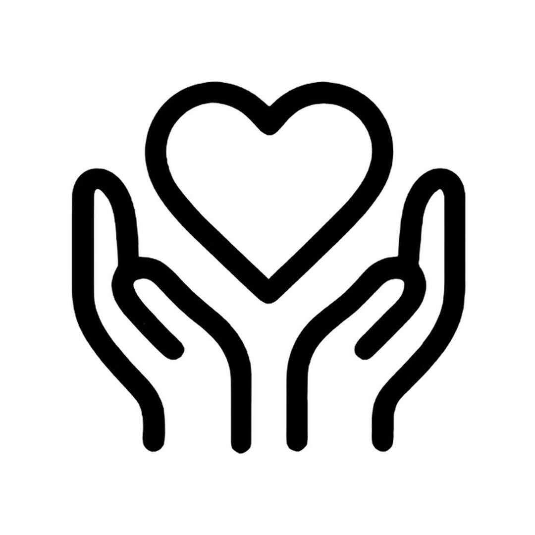 Black outline of two hands holding a heart on a white background