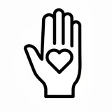 Black line drawing of a hand with a heart on a white background