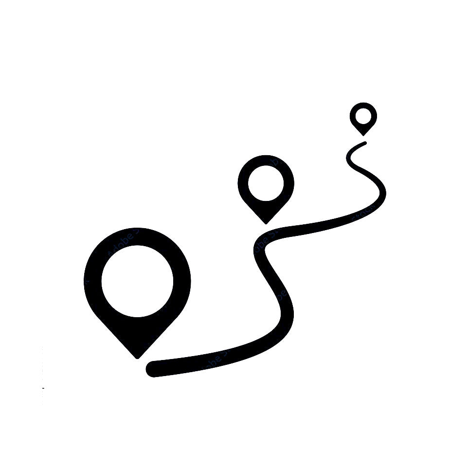Black icon of a route with two location markers on a white background