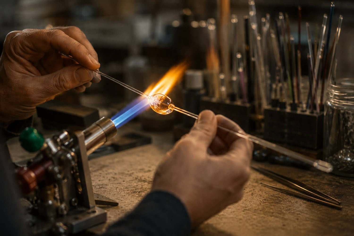 Person working with glassblowing tools and materials on a workbench.