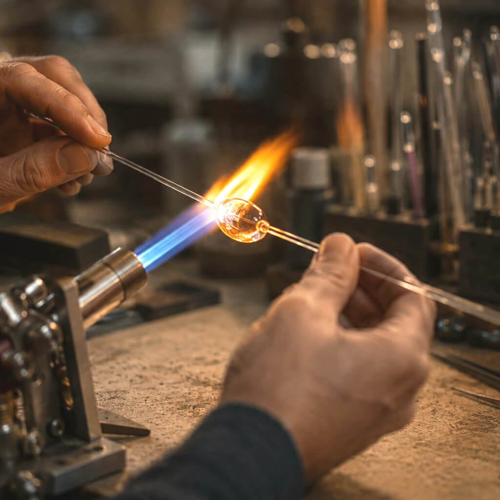 Glassblowing process with a glass object being heated by a flame in a workshop setting.