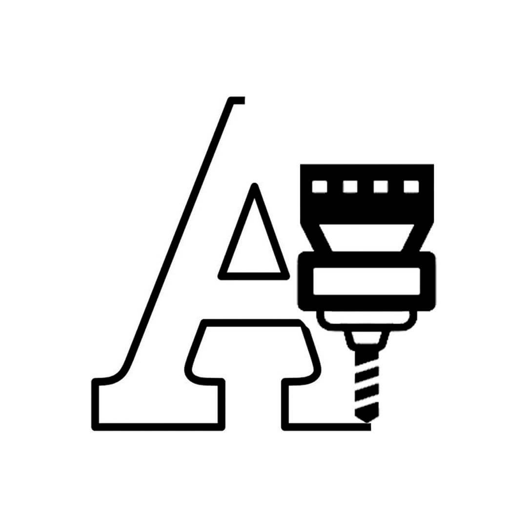 Black and white icon of a endmill engraver with a letter 'A' on a white background