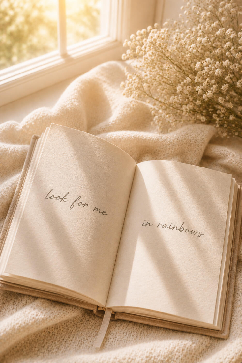 Open book with text "look for me" and "in rainbows" on a soft surface near a window