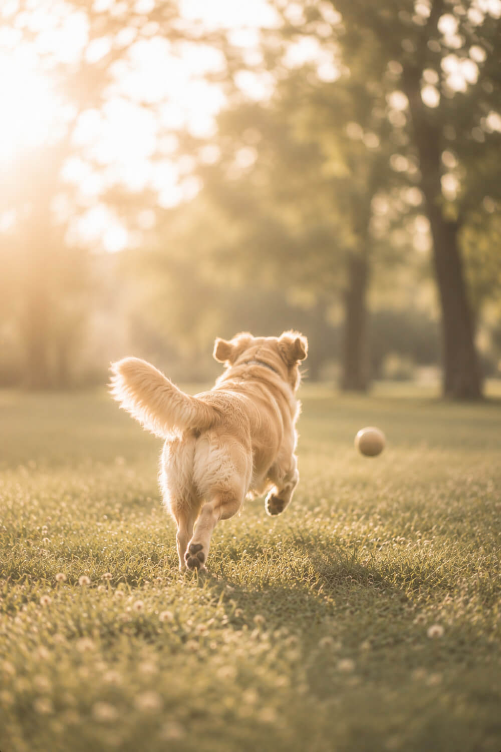 Dog chasing a ball on grass in a park