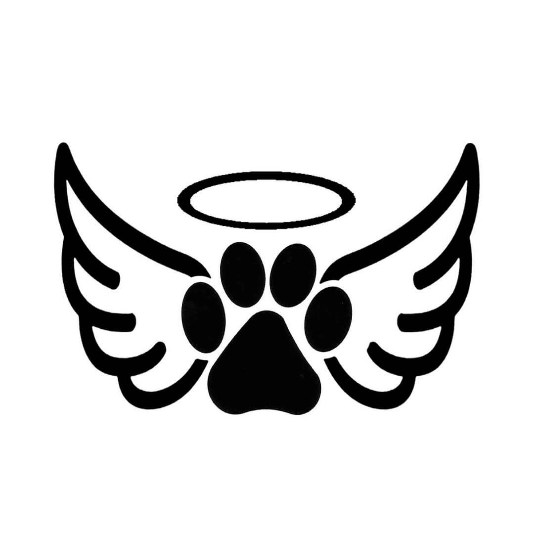 Black paw print with wings and a halo on a white background
