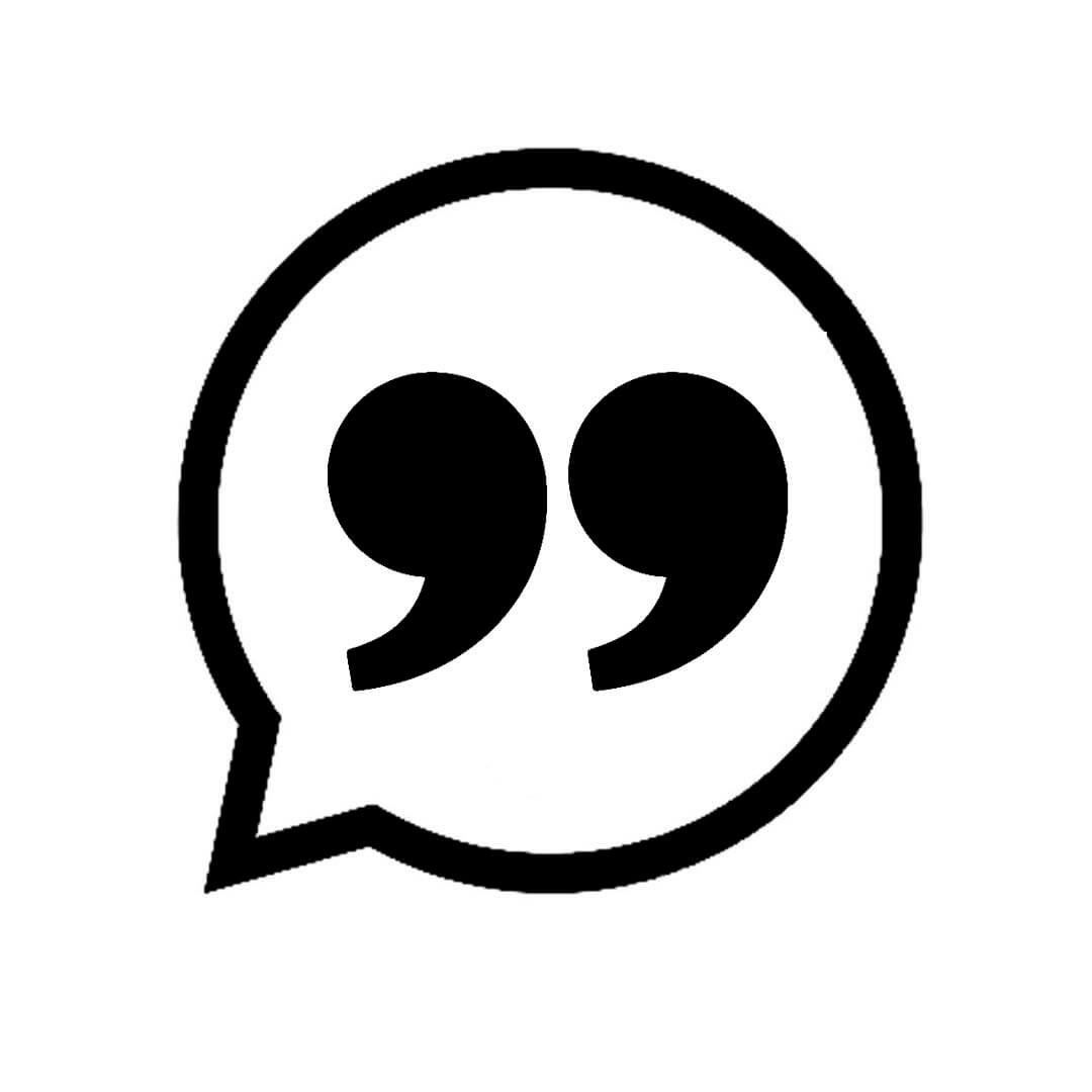 Black speech bubble icon with quotation marks inside on a white background