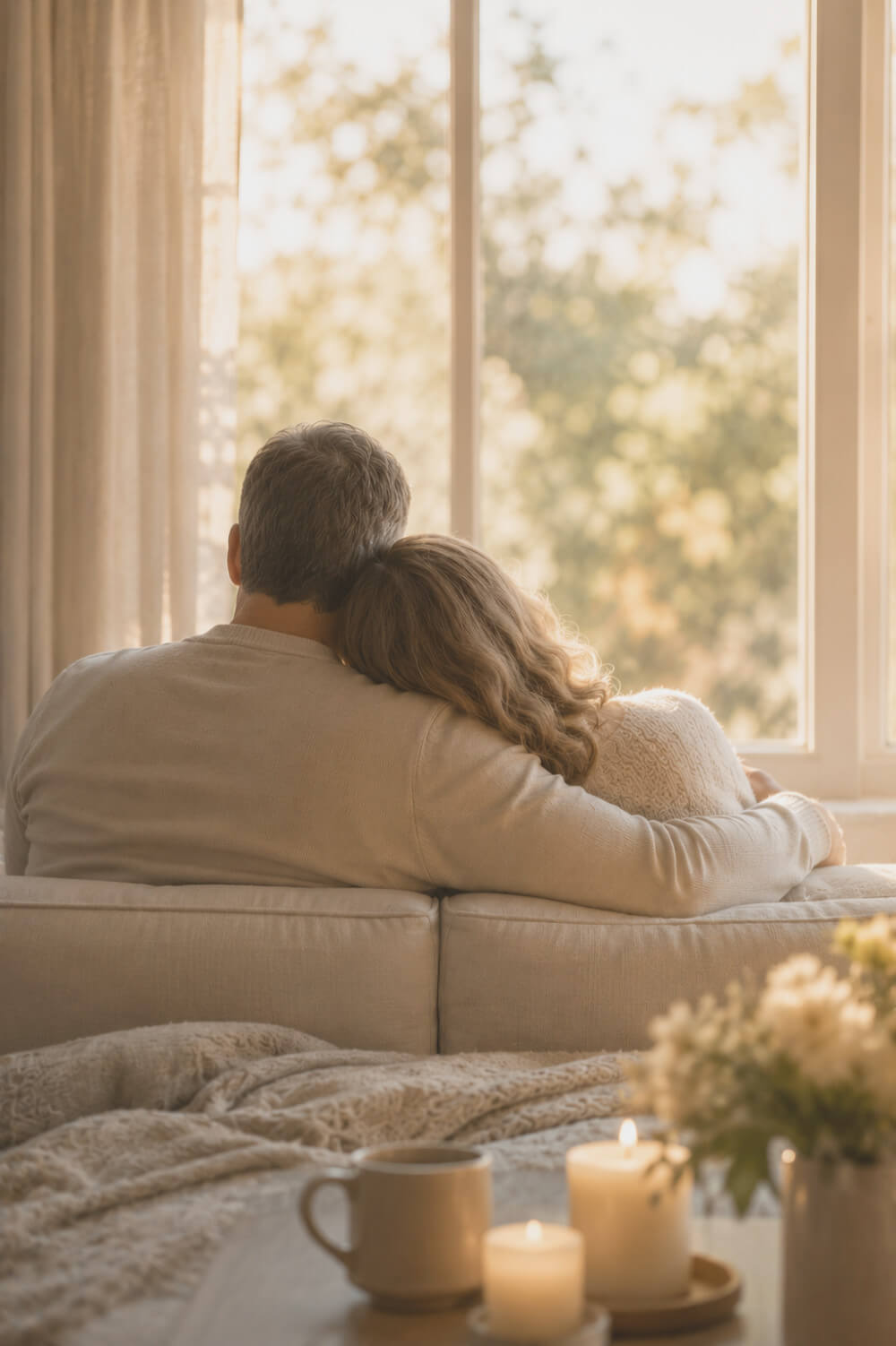 Couple sitting on a couch by a window, looking out at nature, with candles and a mug on a table in front of them.